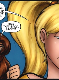 JKR comix. Cartoon girls discuss the superhero costume